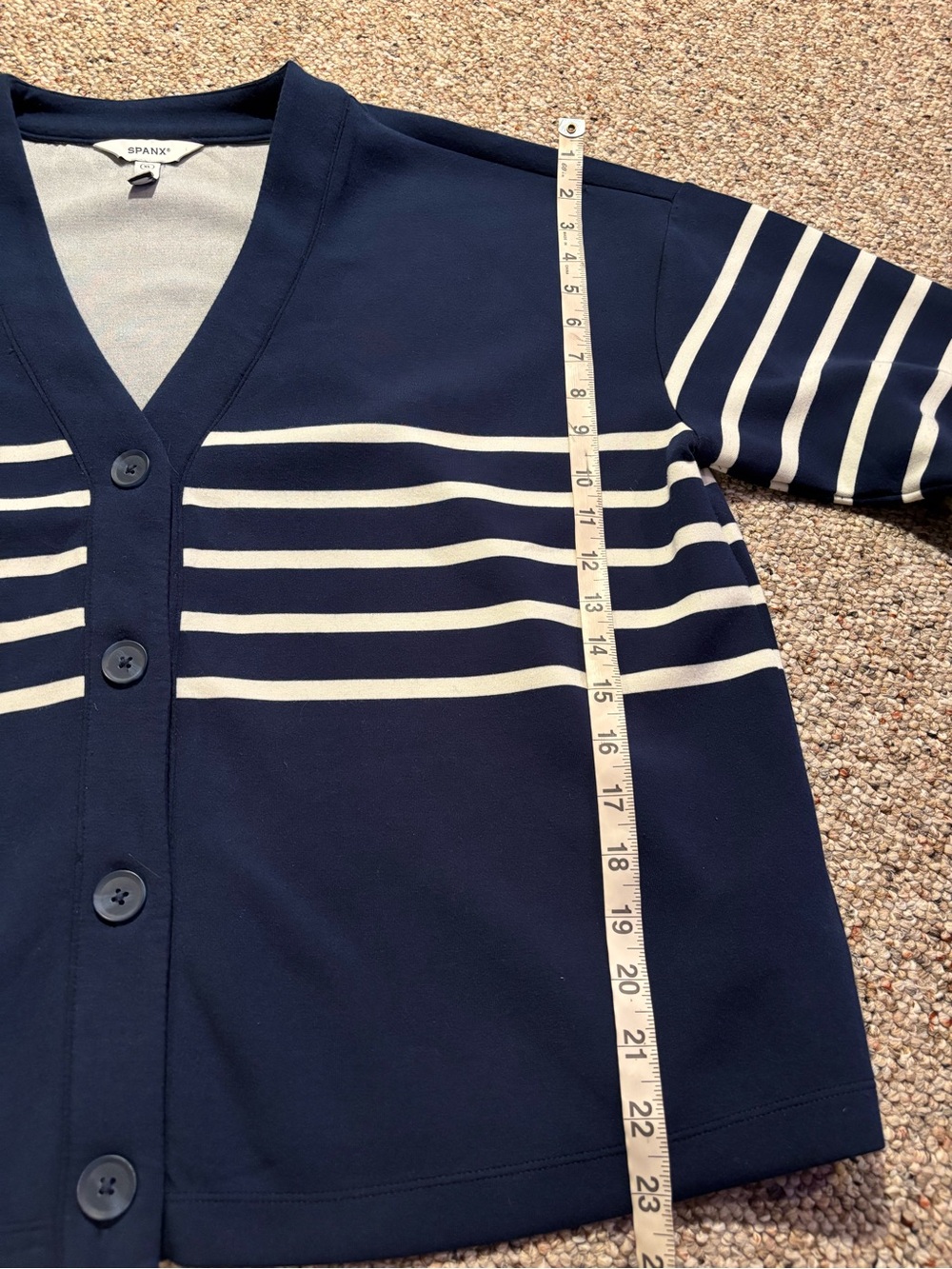 Spanx Navy Stripe V-Neck Button Cardigan Sweater - Picture 8 of 10